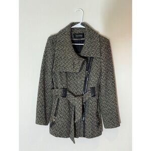 DONNYBROOK Authentic Women's Black White Herringbone Belted Moto Coat Size S